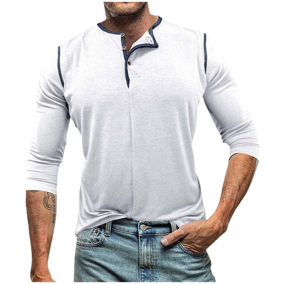AKOEE Men's Long Sleeve T-Shirts Slim Fit Tops Casual Base Henley Tees with Buttons Poly-Cotton Spring Fall Tshirts (XL, White)