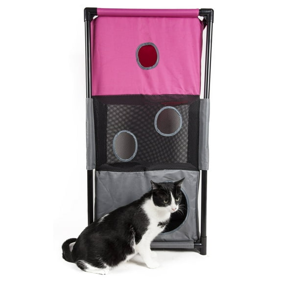 Pet Life ® 'Kitty-Square' Collapsible Travel Interactive Kitty Cat Tree Maze House Lounger Tunnel Lounge