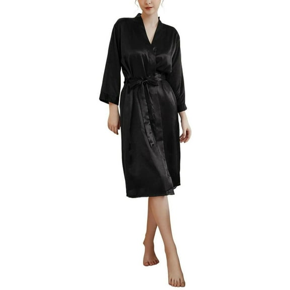 SWSMCLT Women's Belt Loops Bath Robe Belted Light Medium Bathrobe Comfy Home Cool Chic 3/4 Sleeve Black Medium