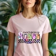 thumbnail image 5 of Emergency Nurse T-Shirt | Pastel Lettering with Stethoscope and Checkered Print Tee, Dark Heather, Size S, 5 of 6