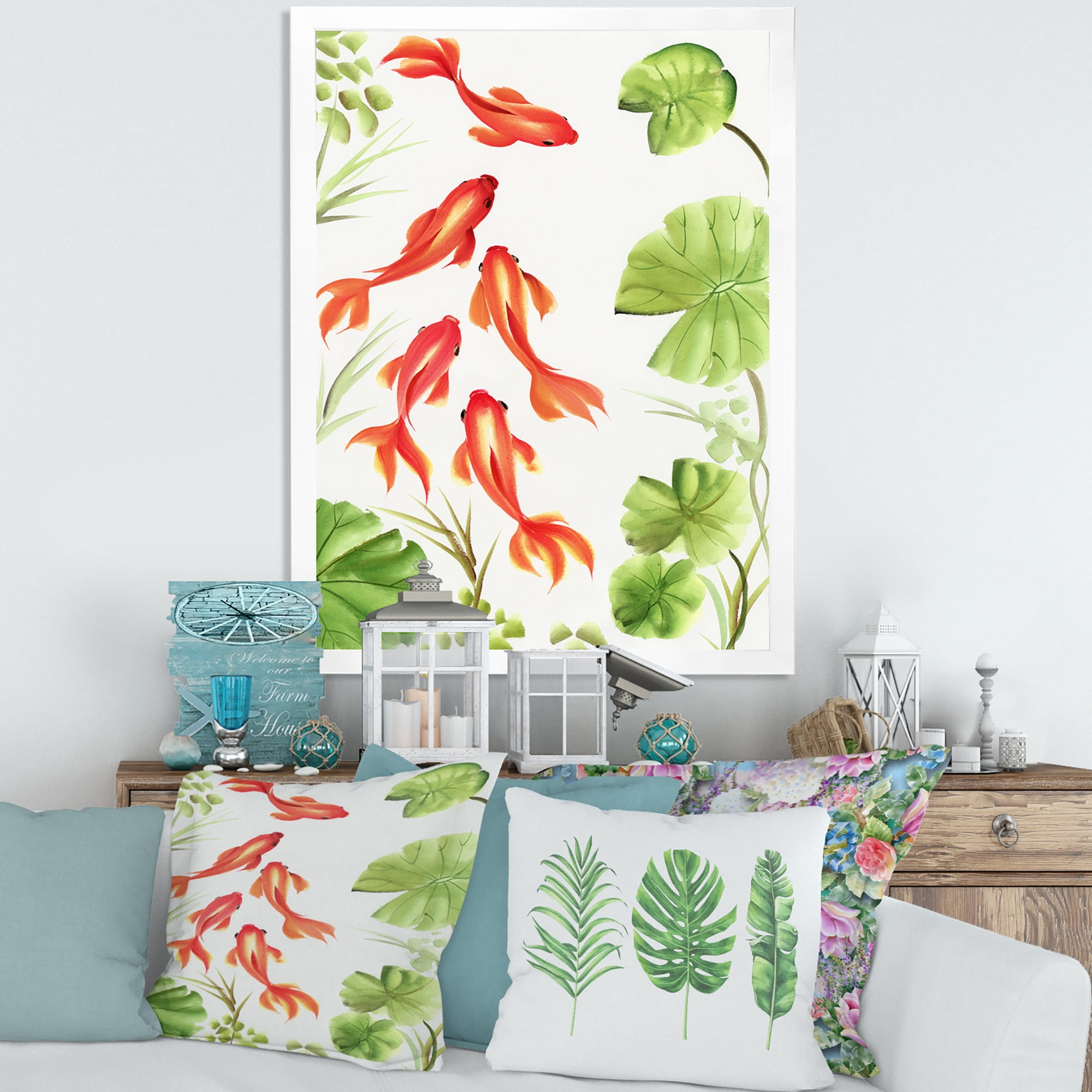 Designart 'Ancient Goldfishes Among The Lotus Leaves' Nautical & Coastal Framed Art Print