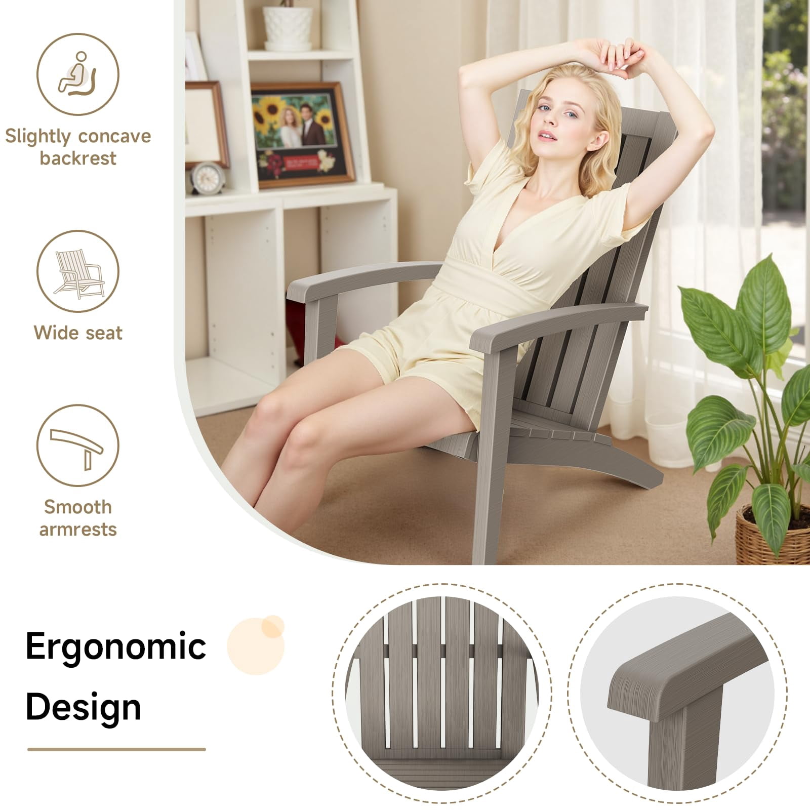 EasyUp All-Weather Resin Adirondack Chair with Wooden Texture and Cup Holder for Outdoor Deck, Backyard, Patio & Garden