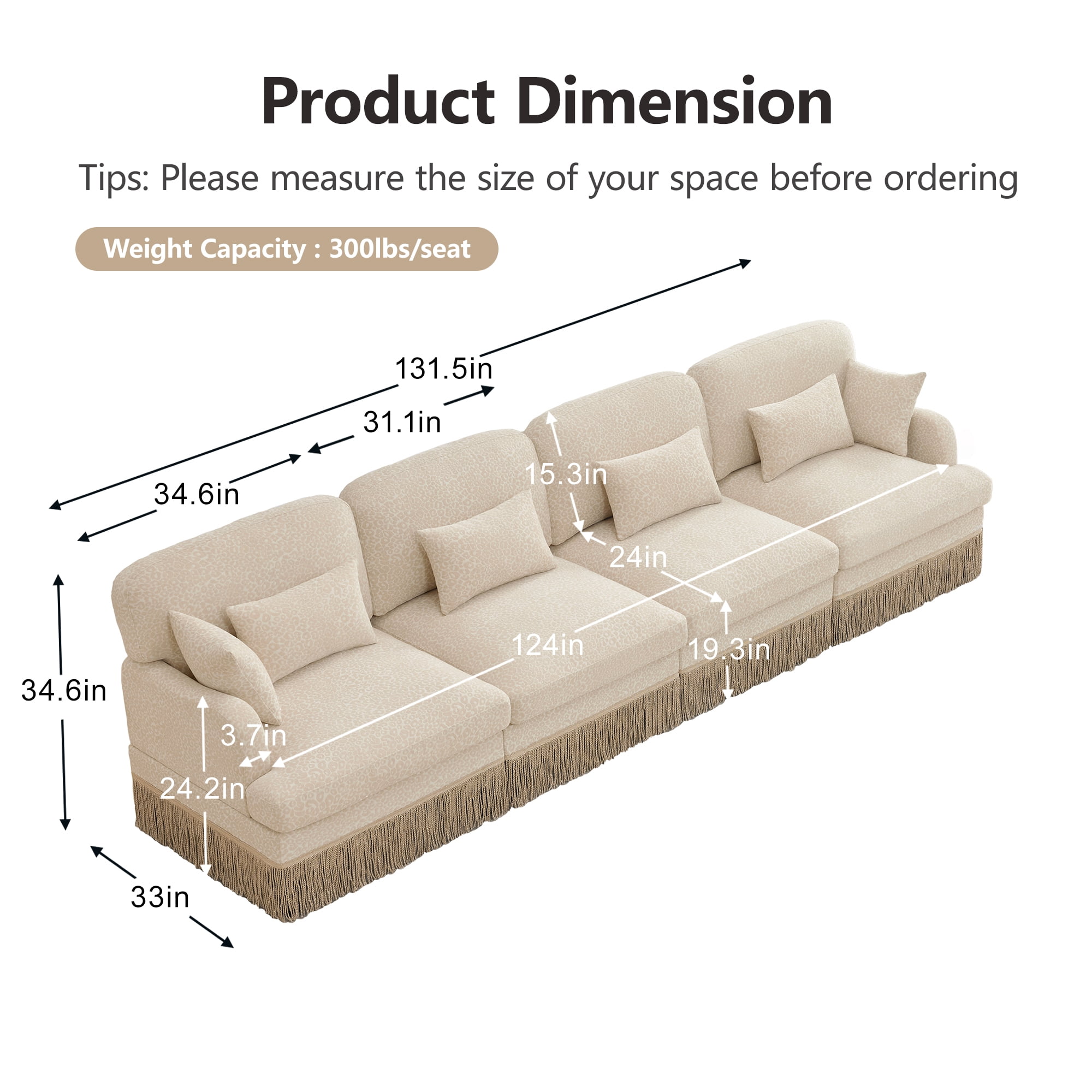 NEW 131" Comfy Chenille Leopard Print 4-Seater Modular Sectional Sofa, Tassel Edge, Ergonomic Design, Easy Assembly, Deep Seat, Beige Coffee