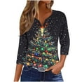 thumbnail image 2 of Mifsaly Merry Christmas Shirts Women V-Neck 3/4 Sleeve Pullover Tops 3 Buttons Xmas Tree Funny Print T-Shirts Casual Loose Festival Party Blouse 2025 Holiday Outfits, 2 of 5