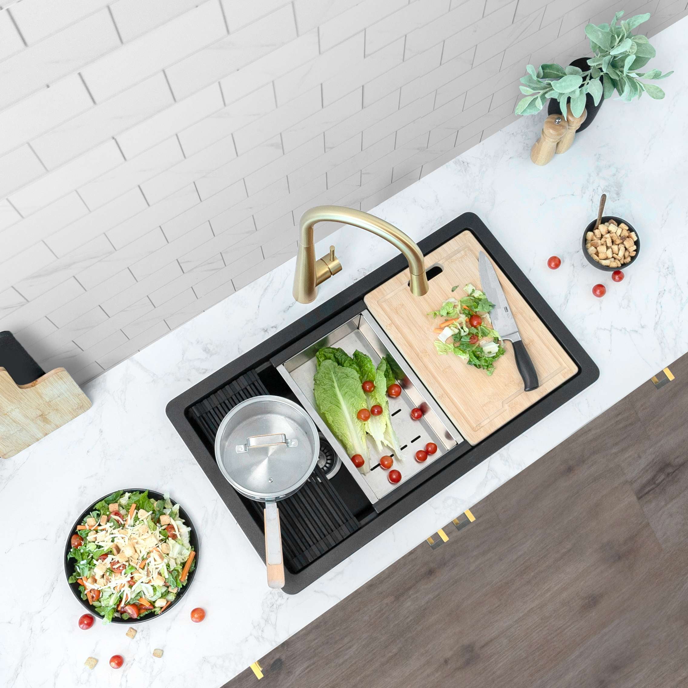 Stylish Dual Mount 28" Black Composite Granite Single Bowl Kitchen Sink with 4 accs S-828WN