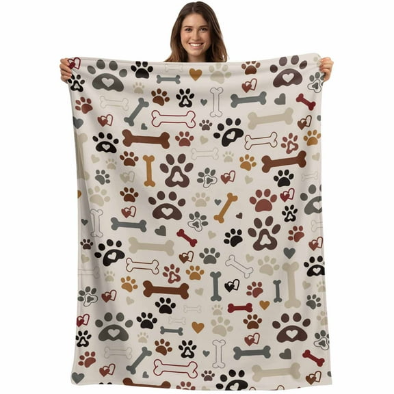Cat Dog Paw Print Throw Blankets, Retro Brown Bones Soft Fleece Blanket Decorative for Home Sofa Couch Chair Living Bedroom, 40x50 inches,