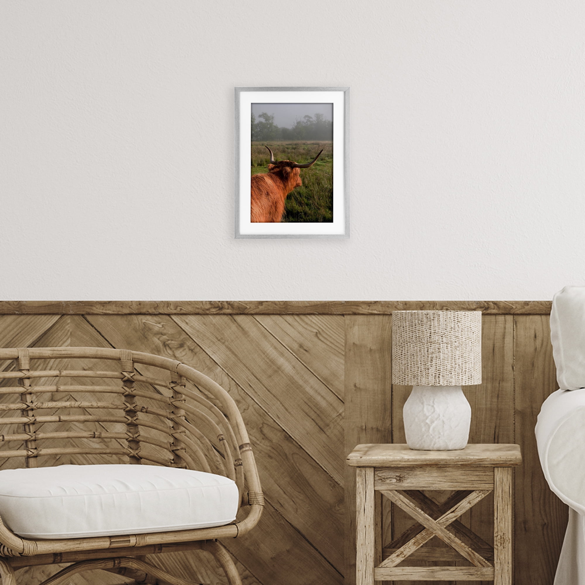 Highland Cow Gazing Out Gray Framed Print Under Glass, design by Jenny Rainbow Fine Art