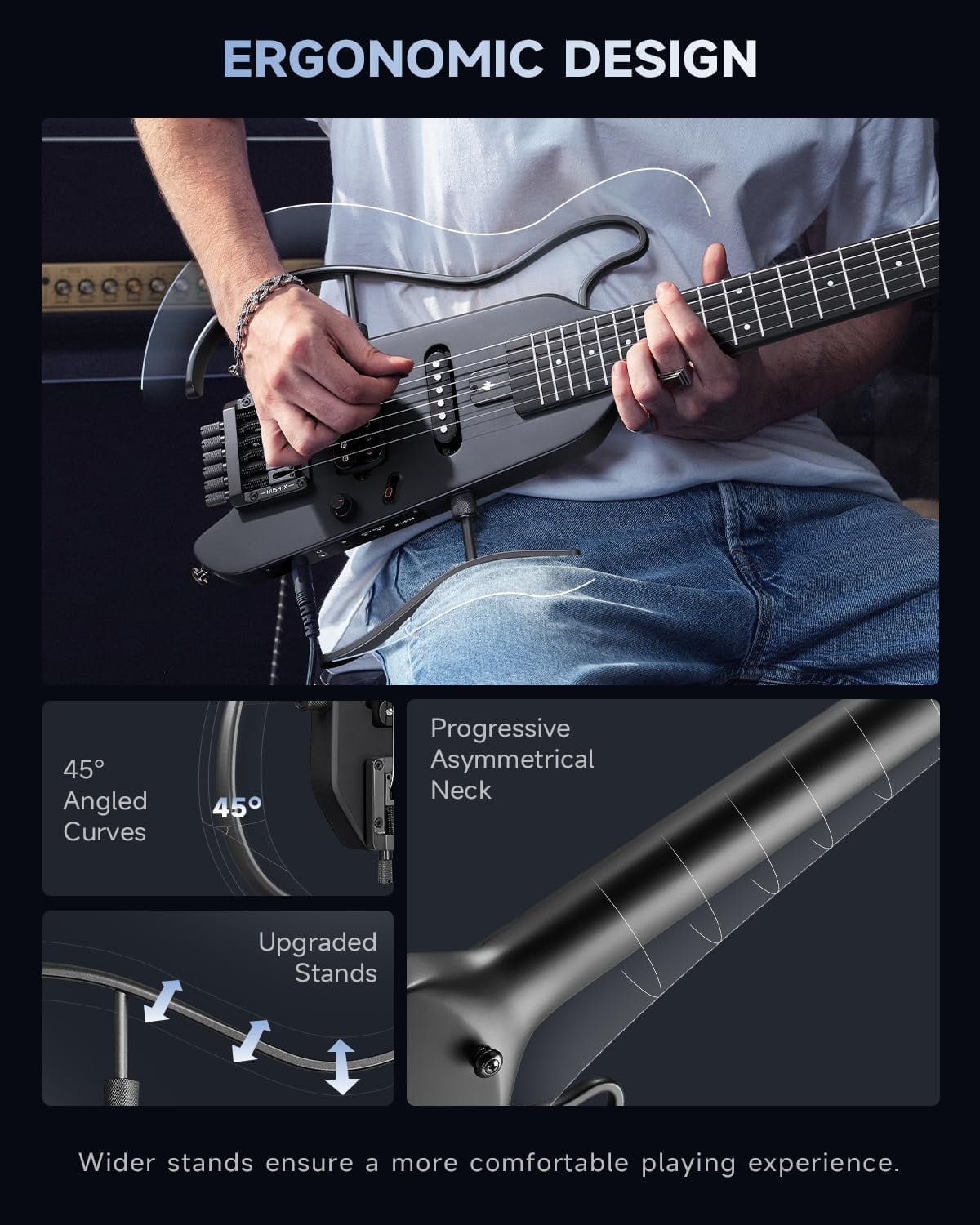 Donner HUSH X Electric Guitar Kit - Featherlight Travel Guitar with Easy Assemble Stands, Great for Travel and Practice, Mahogany Solid Body, Gig Bag, All Accessories, Black