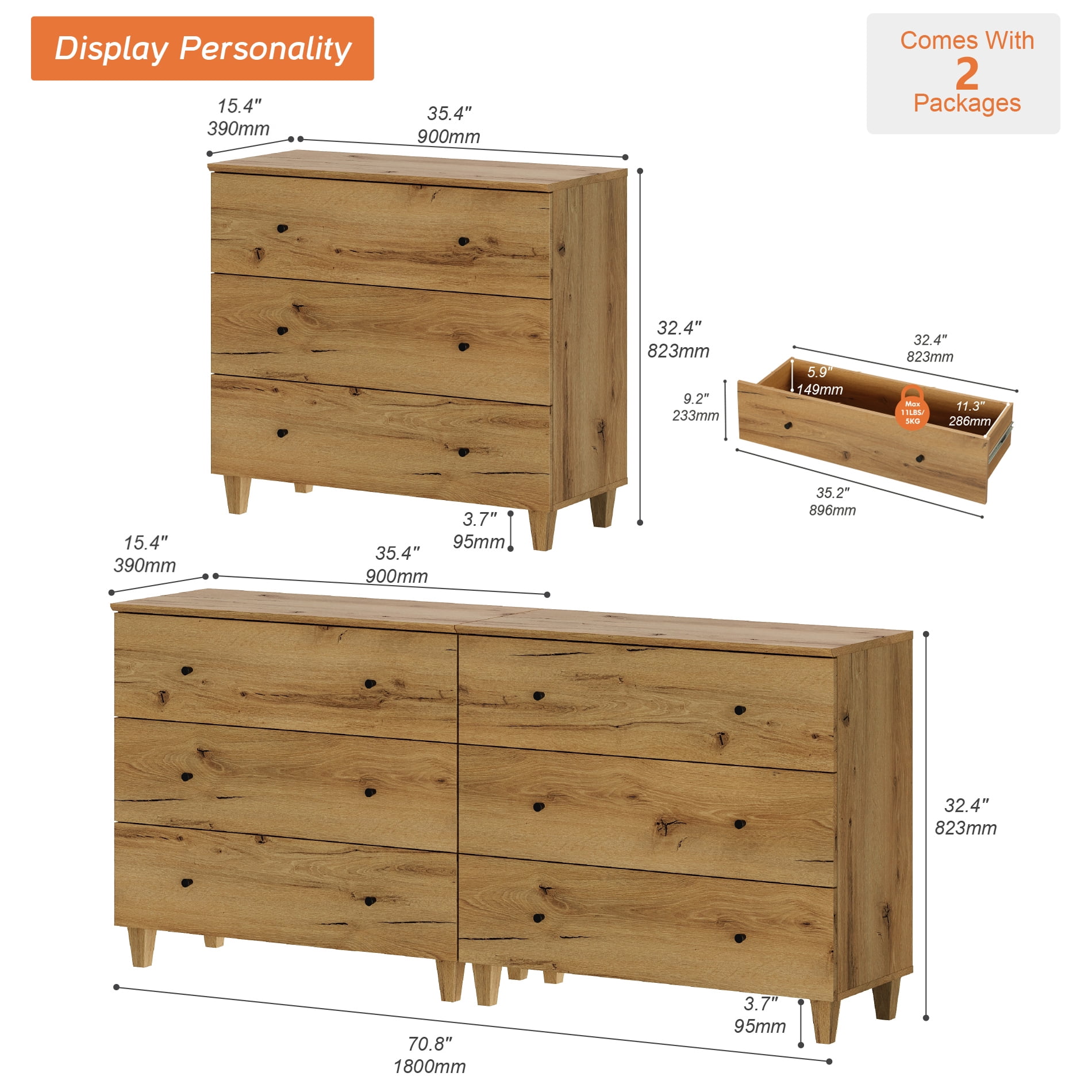 WAMPAT Modern Queen Size Canopy Bed Frame with 2 Charging Nightstands and 2-in-1 Dressers with 6 Drawers, Oak Brown