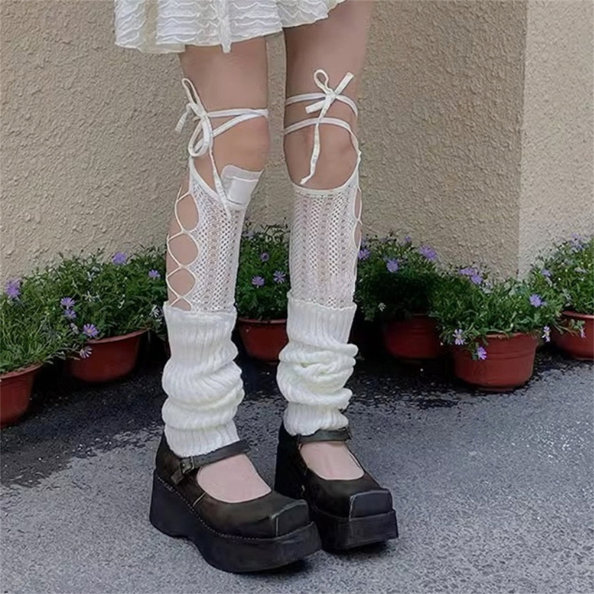 Women's Ribbed Knit Leg Warmers Cross Tie-up Lace Top Knee High Socks 