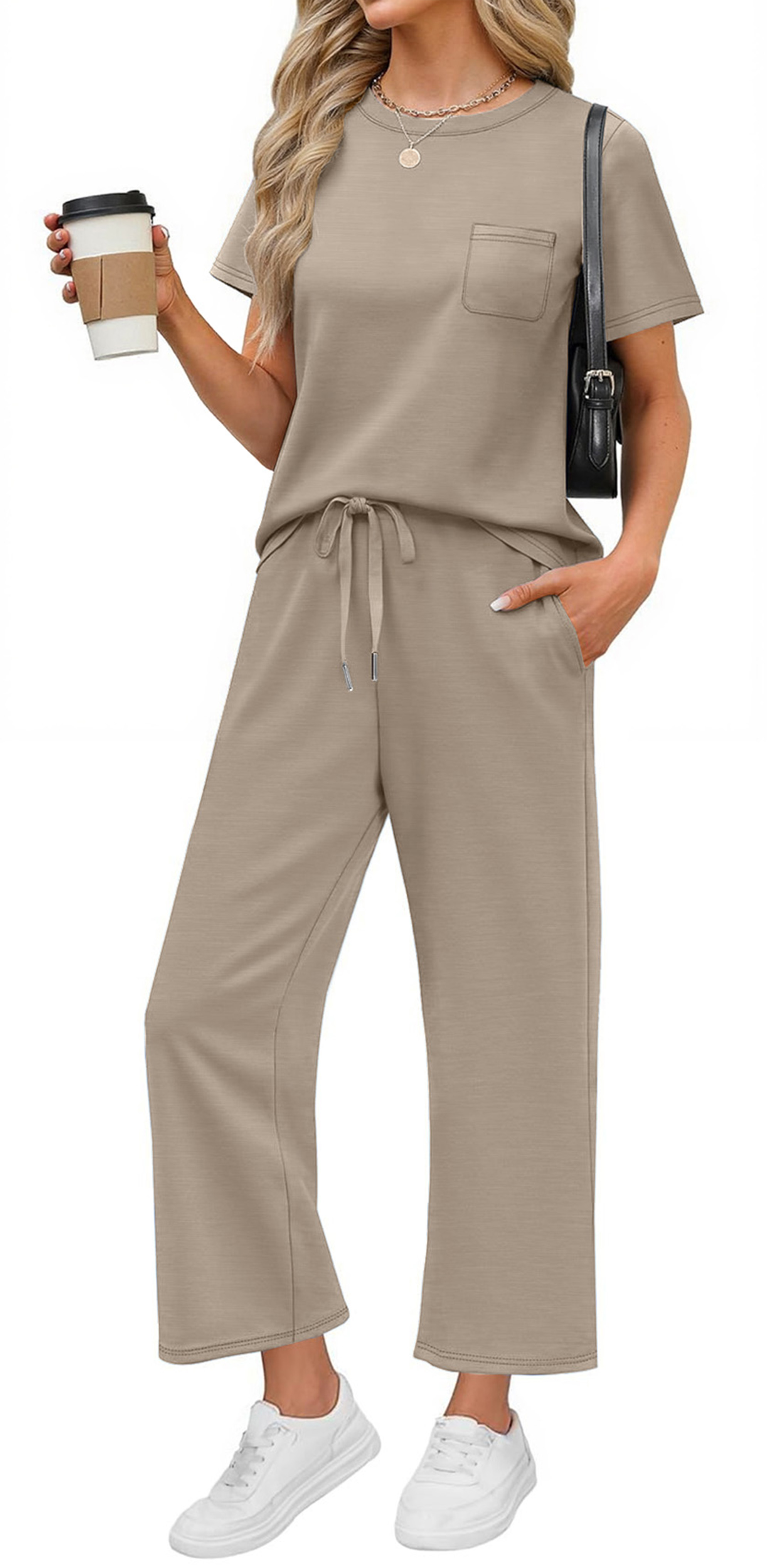 Fantaslook 2 Piece Sets for Women Casual Summer Travel Vacation Outfits Short Sleeve Tops Wide Leg Pants Lounge Sets