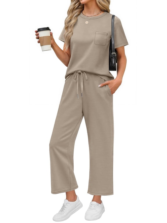 2 Piece Sets for Women Casual Summer Travel Vacation Outfits Short Sleeve Tops Wide Leg Pants Lounge Sets