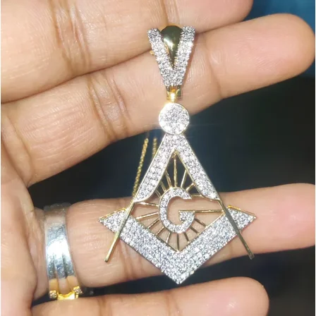 Aishvi Jewels 2Ct Round Cut Simulated Diamond 3D MASONIC Unisex Pendant With 18" Chain 14k Yellow Gold Plated For Birthday Gift & Party Wear