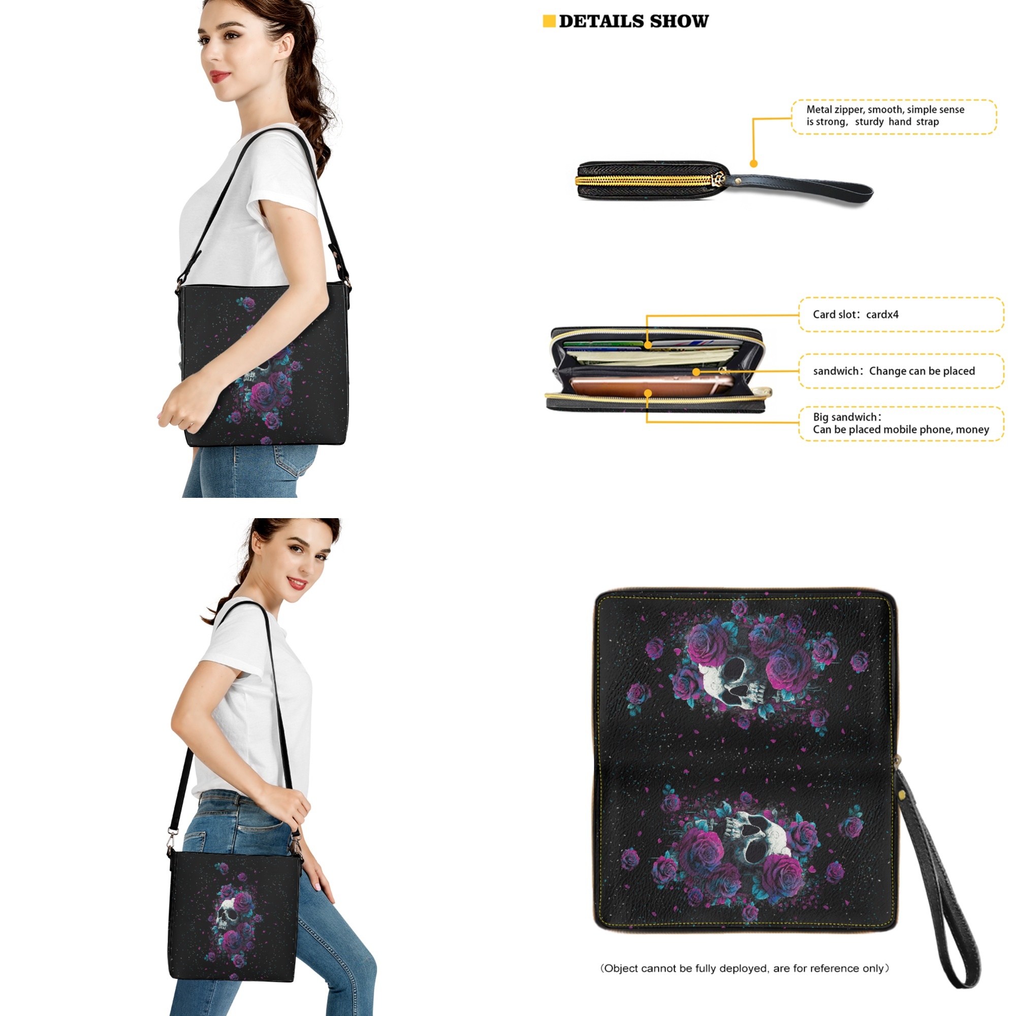 ZUXONGSY Rose Skull Galaxy Print Bucket Purse and Wallet Set for Women Lady Trendy Shoulder Bag with Leather Wallet Lightweight Top-Handle Handbags with Purse for Shopping
