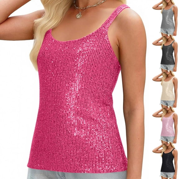 Hueook Sequin Tank Tops for Women Sparkly Tops Prom Party Outfit Concert Women's Solid Color Sequin Round Neck Suspender Fashionable Temperament Top Beige 2X