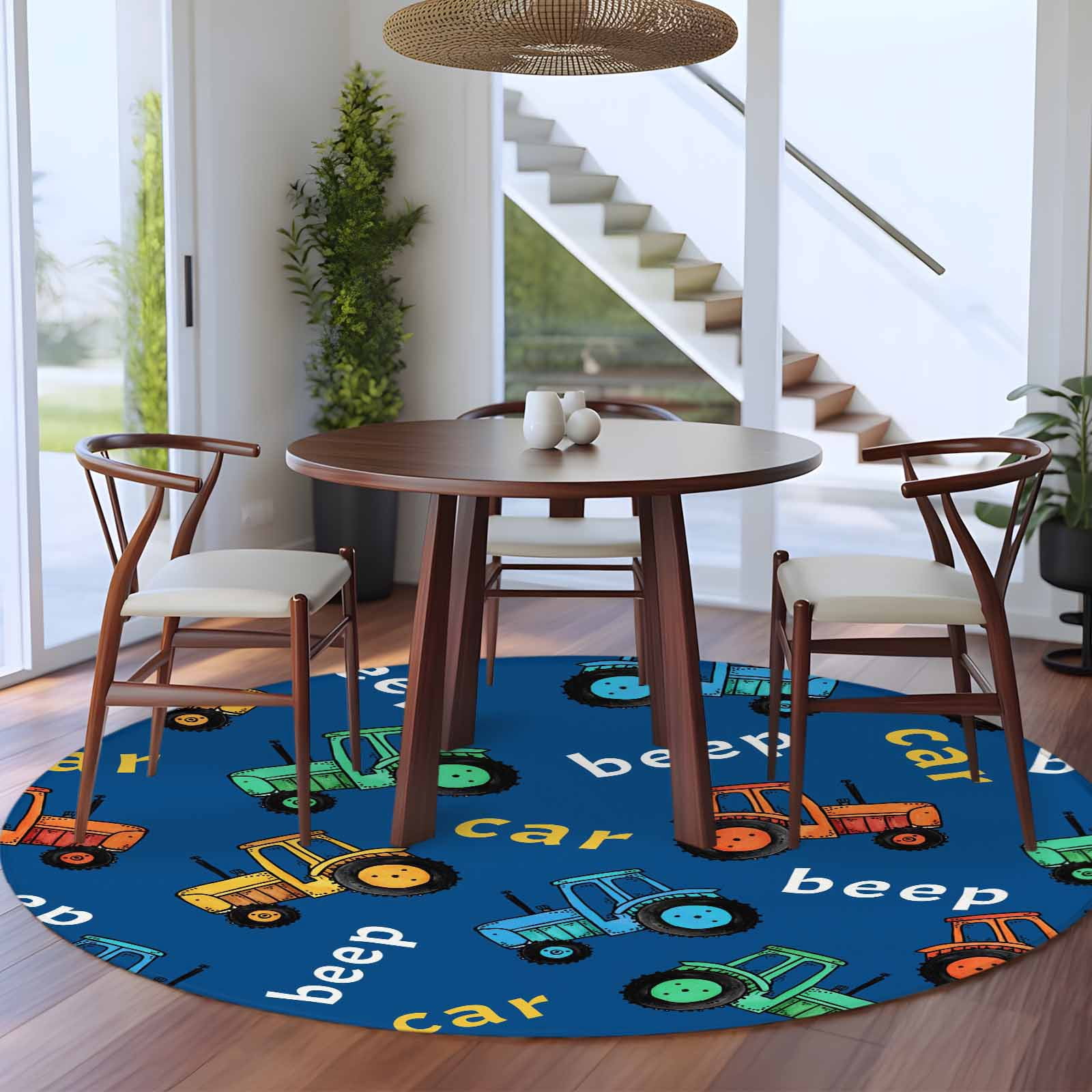 Cartoon Tractor Round Area Rug 8Ft Washable Large Circle Rugs for Living Room Dorm, Cute Beep Car Digger Shovel Truck Blue Non-Slip Carpet Floor Mats Indoor Outdoor Carpet Runner Aesthetic Home Decor