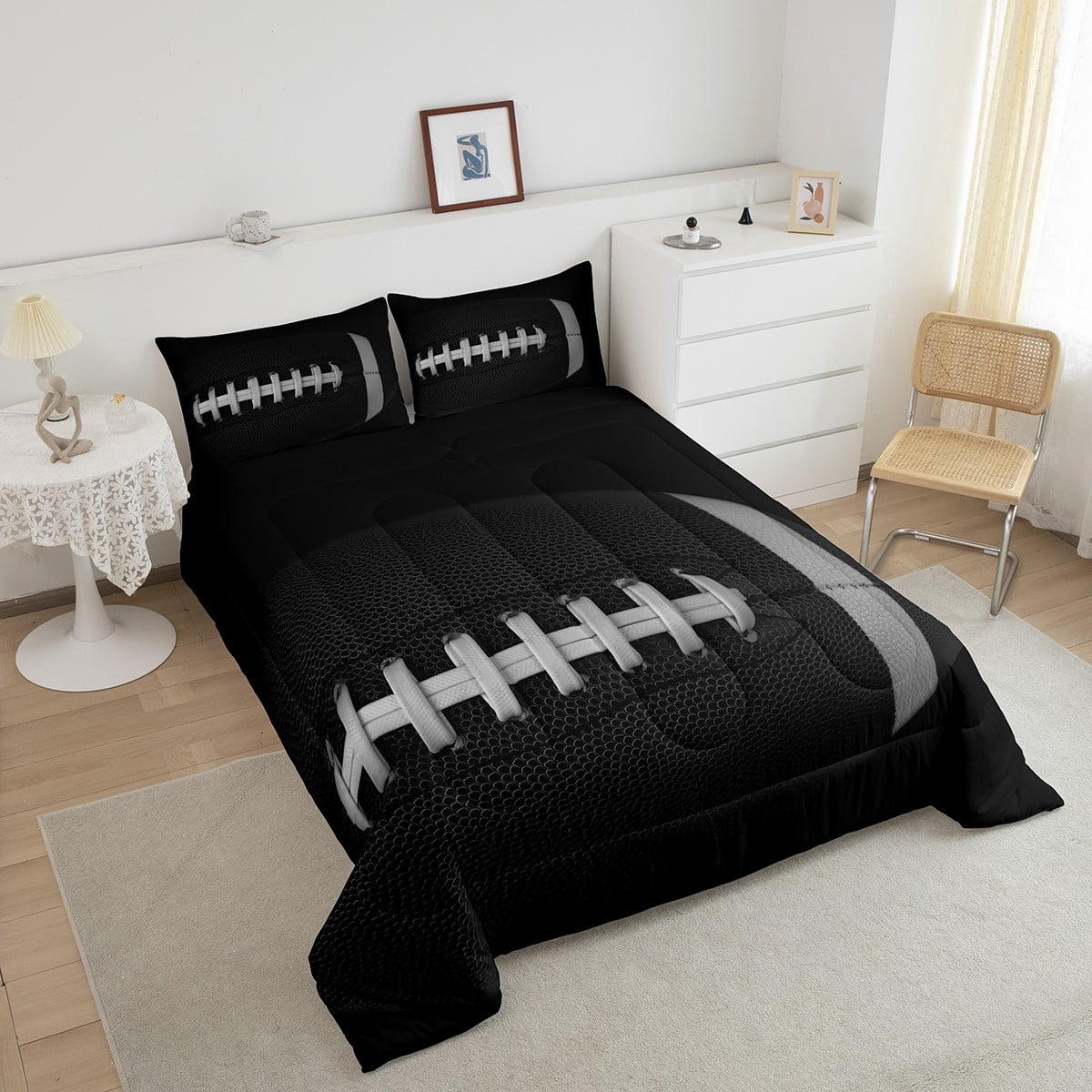 Erosebridal 3D Rugby Comforter Sets Twin Size, Black Grey Comforters & Duvets, Football Soccer Reversible Duvet Insert, Ultra Soft Bedroom Decoration, 2 Pieces