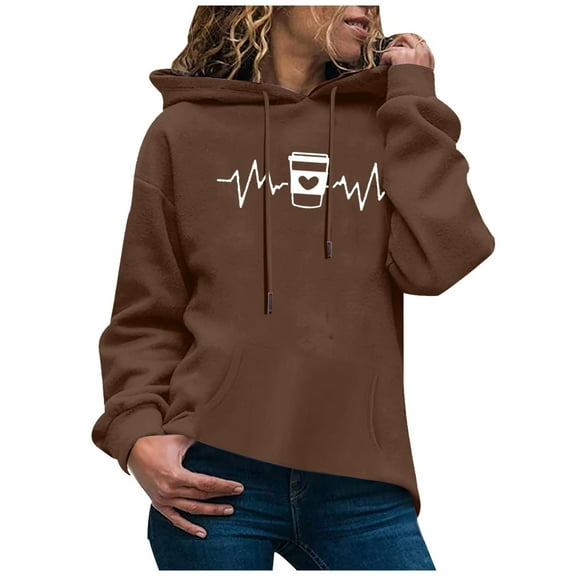 Halloween Sweatshirts for Women Fall Comfy Hooded Long Sleeve Bell One Shoulder Hoody Heart Print Leisure Cotton Hoodie Hoodies(Coffee,XL)