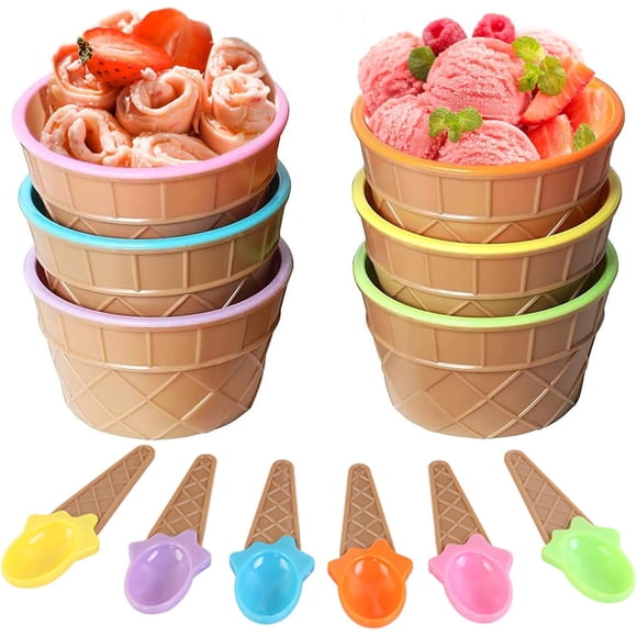 Xrten 6 Pcs Ice Cream Bowls with Spoon, Suitable for Food, Fruit, Ice Cream, Holiday Matching Birthday Party Gifts for Children(One for Each Color)