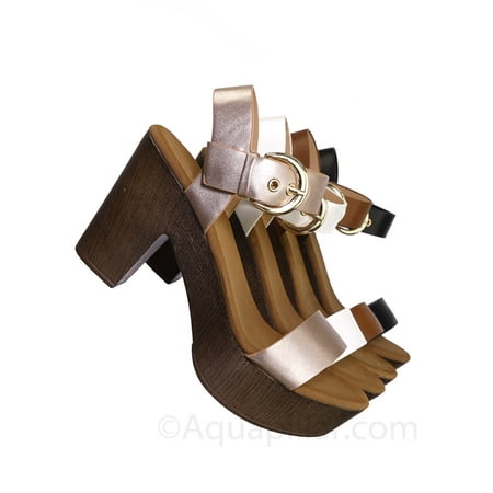Block Heel Platform Sandal - Chiva by Soda, Sculpted Retro Wood Block Heel Sandal - Lightweight Clogs Platform Shoe