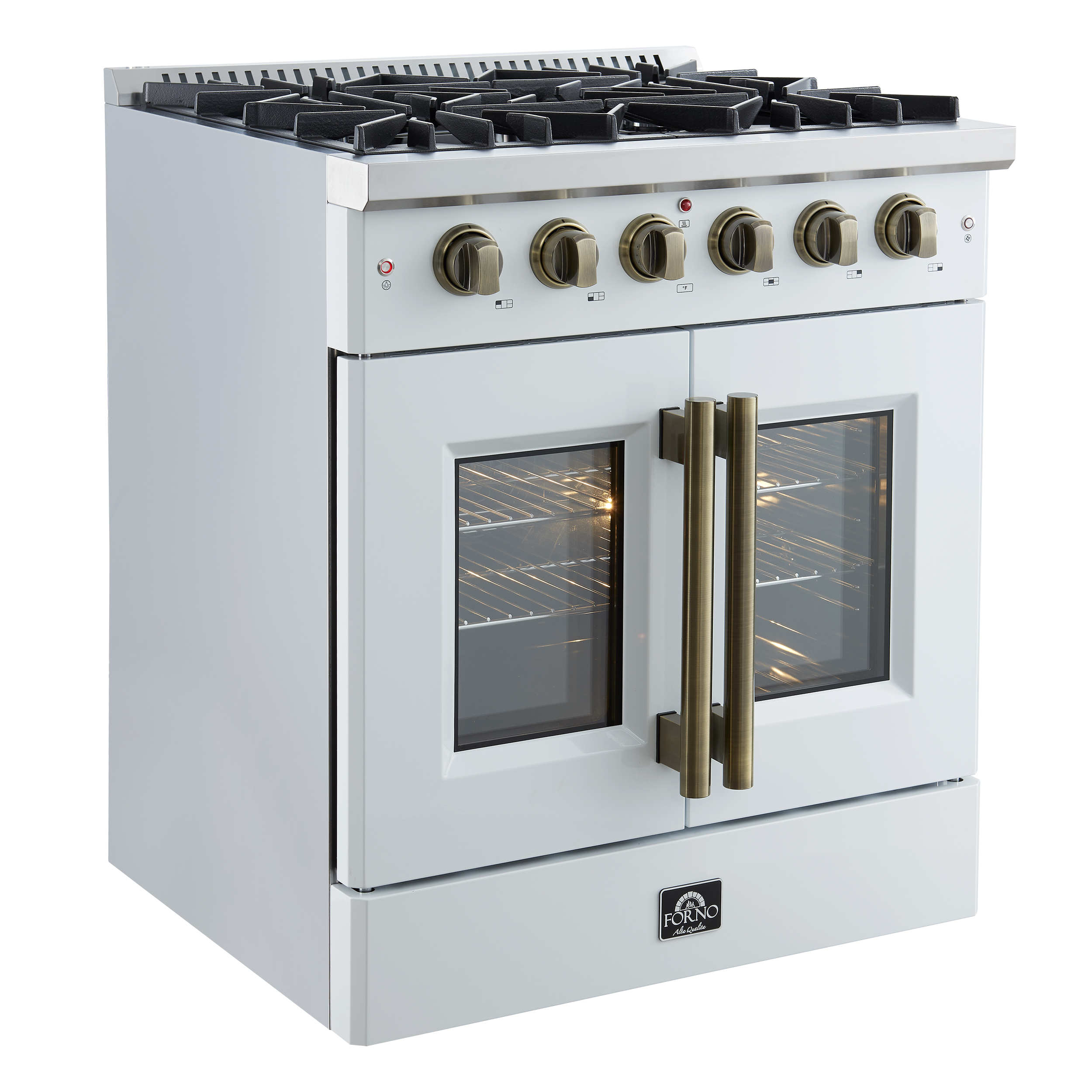Forno Galiano 30-inch French Door Gas Range White with Antique Brass Design, 5 Burners, 68,000 BTU, 4.32 cu.ft. Convection Oven
