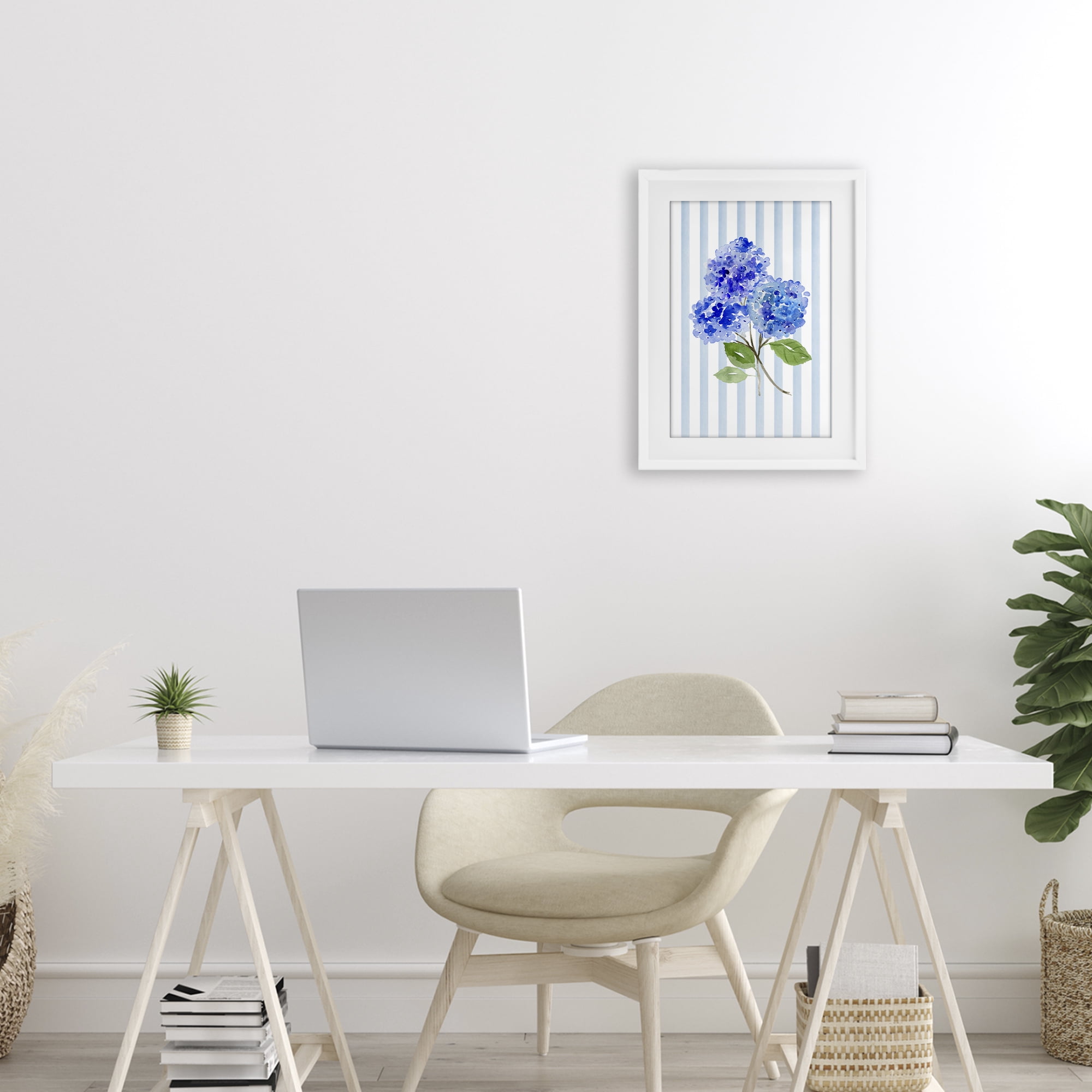 Stupell Industries Blue Hydrangeas over Stripes White Framed Print Under Glass, design by Corinne Haig