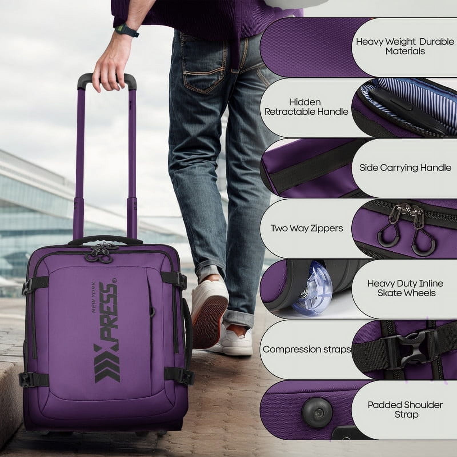 17" Underseat Carry On Luggage Airplane Approved,Water Resistant Softside Rolling Suitcase Lightweight Personal Item Travel Bag,Purple - TA069