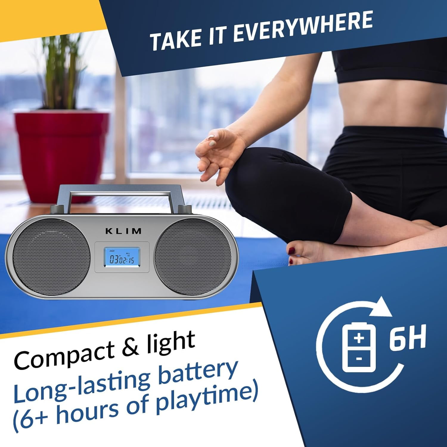 KLIM Boombox B4 CD Player Portable Audio System + AM/FM Radio, MP3, Bluetooth, AUX, USB + Wired & Wireless Mode, Rechargeable Battery + Remote Control, Autosleep, Digital EQ, Silver