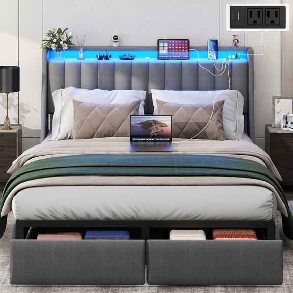 DRNANLIT Queen Bed Frame with 2 Storage Drawers, Platform Bed Frame Queen Size with LED Light, Upholstered Headboard, Charging Station, Steel Slat Support, No Box Spring Needed,Gray