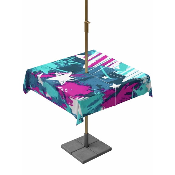 Outdoor Tablecloth with Umbrella Hole for Patio/Picnic/Party/Camping, Blue Red USA Flag Waterproof Table Cloth Square Cover Washable, Abstract Green Oil Paint 4th of July (54"x 54")