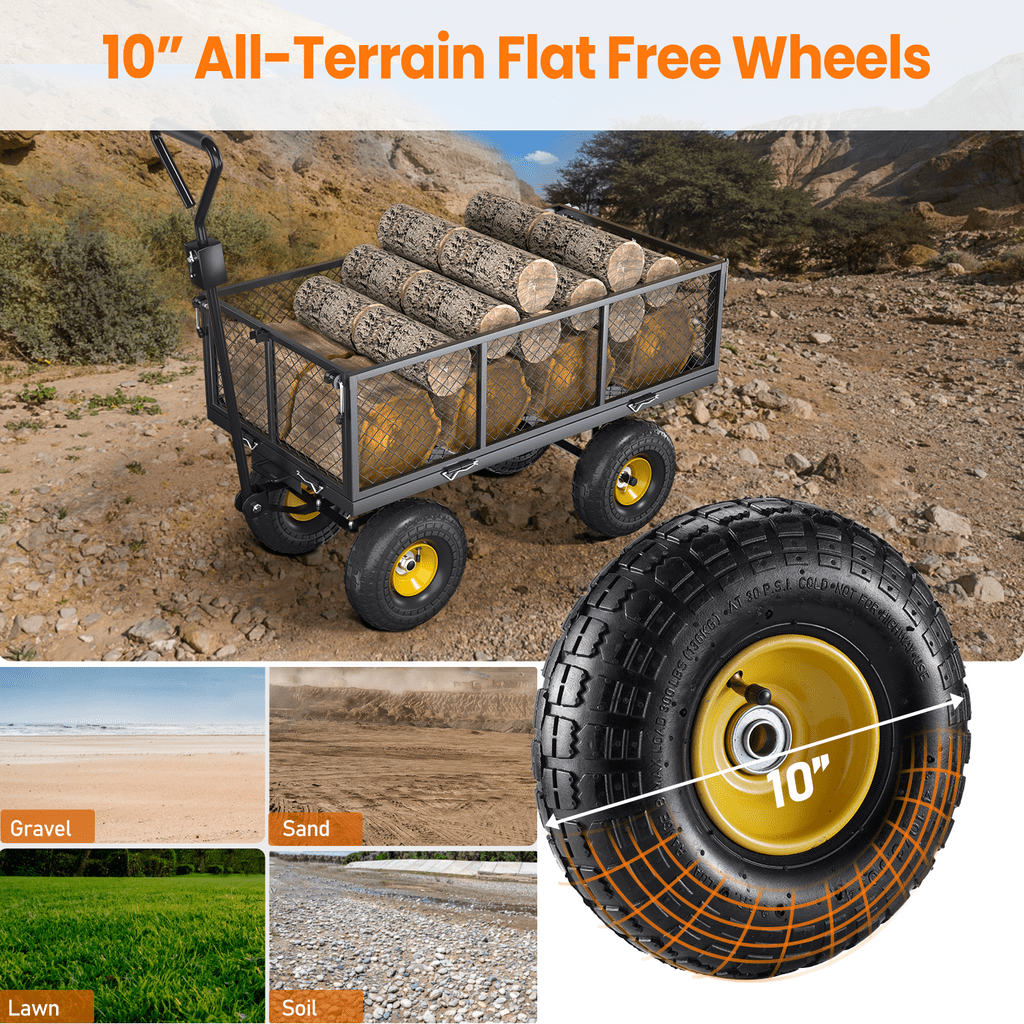 VECUKTY Heavy Duty Steel Dump Garden Cart with Liner, 900lbs Wagon 3 Cu ft 10" Wheel, Black