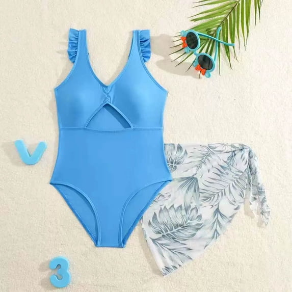 WMQPNNS Girls Swimsuit with Beach Sarong Cover Ups Girls Bathing Suit Size 18 Ruffle Cutout Bathing Suit Two Piece Swimwear Set(Size 13-14 Years,1-Sky Blue)
