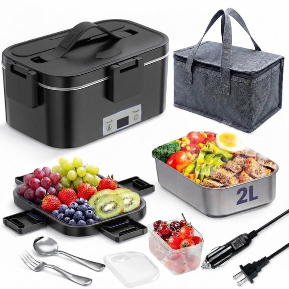 Electric Lunch Box Food Heater, Upgrade 100W High Power Portable Food Warmer, Heated Lunch Box for Adults Car/Home with 2L Removable Stainless Steel Container, 12V/24V/110V/220V,Black