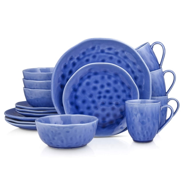 Stone Lain Porcelain 16 Piece Dinnerware set, Thumbprint Pattern, Blue