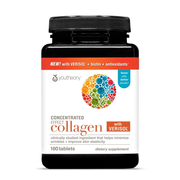 Youtheory Concentrated Effect Collagen with Verisol - Advanced Collagen Supplement - Supports Skin, Hair Thickness & Nail Strength - with Biotin & Vitamin C - Gluten, Soy & Dairy Free - 180 Tablets