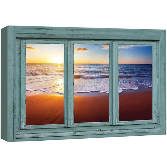 wall26 Canvas Print Wall Art Window View Sunset on The Beach Shoreline Nature Wilderness Photography Modern Art Rustic Scenic Colorful Ultra for Living Room, Bedroom, Office - 32"x48"