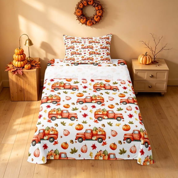 Homewish HFarm Truck Pumpkin Twin Sheets, Autumn Maple Leaf Bedding, White Orange, 3pcs (1 Flat Sheet, 1 Fitted Sheet and 1 Pillowcase)
