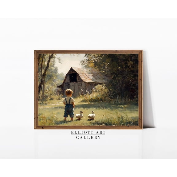 Little Boy with Ducks Rustic Farm Countryside Modern Farmhouse Children's Room Cottagecore Wall Art Poster E1033, Unframed Poster Size 8x12 F03.1.18l896