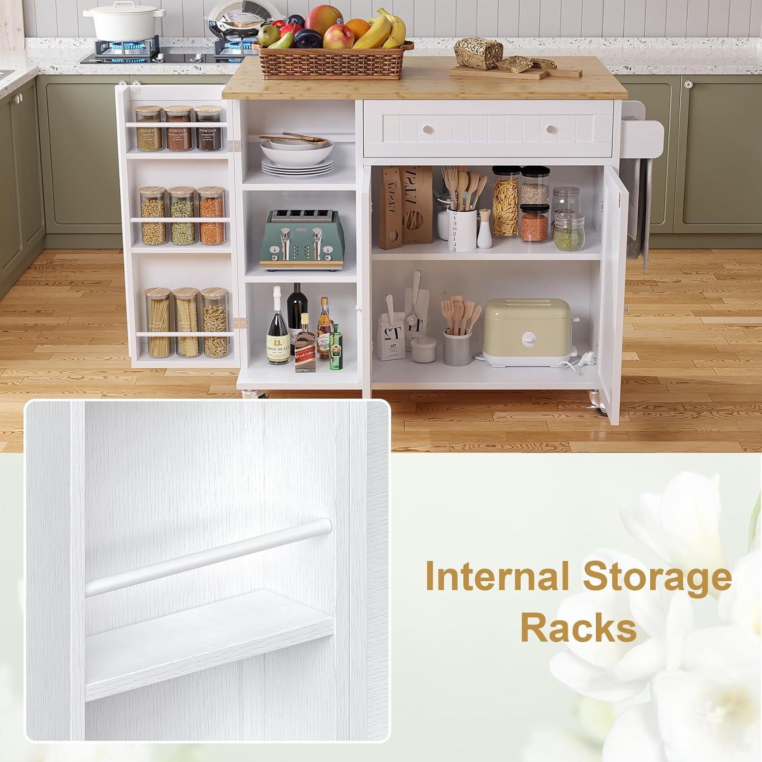 HAUXITIO 41.3" Kitchen Island with Drop Leaf,Towel Rack,Large Capacity Rolling Cart with Spice Rack and Storage,White