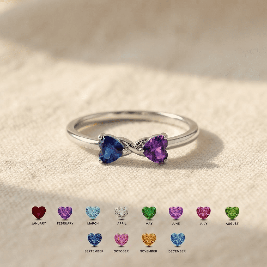 Personalized Two Stones Birthstone Ring | Bow-Twist Shape Custom Color for Mother Daughter Family Ring | Thoughtful Family Gift