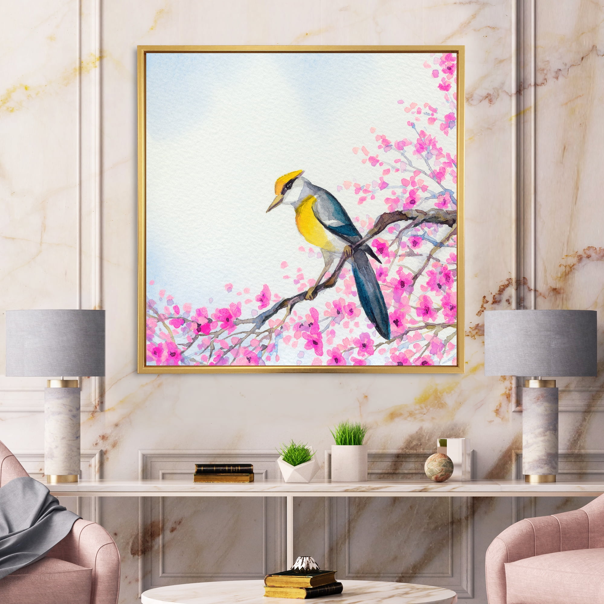 Designart 'Beautiful Bird Sitting On Flowering Branch' Traditional Framed Canvas Wall Art Print