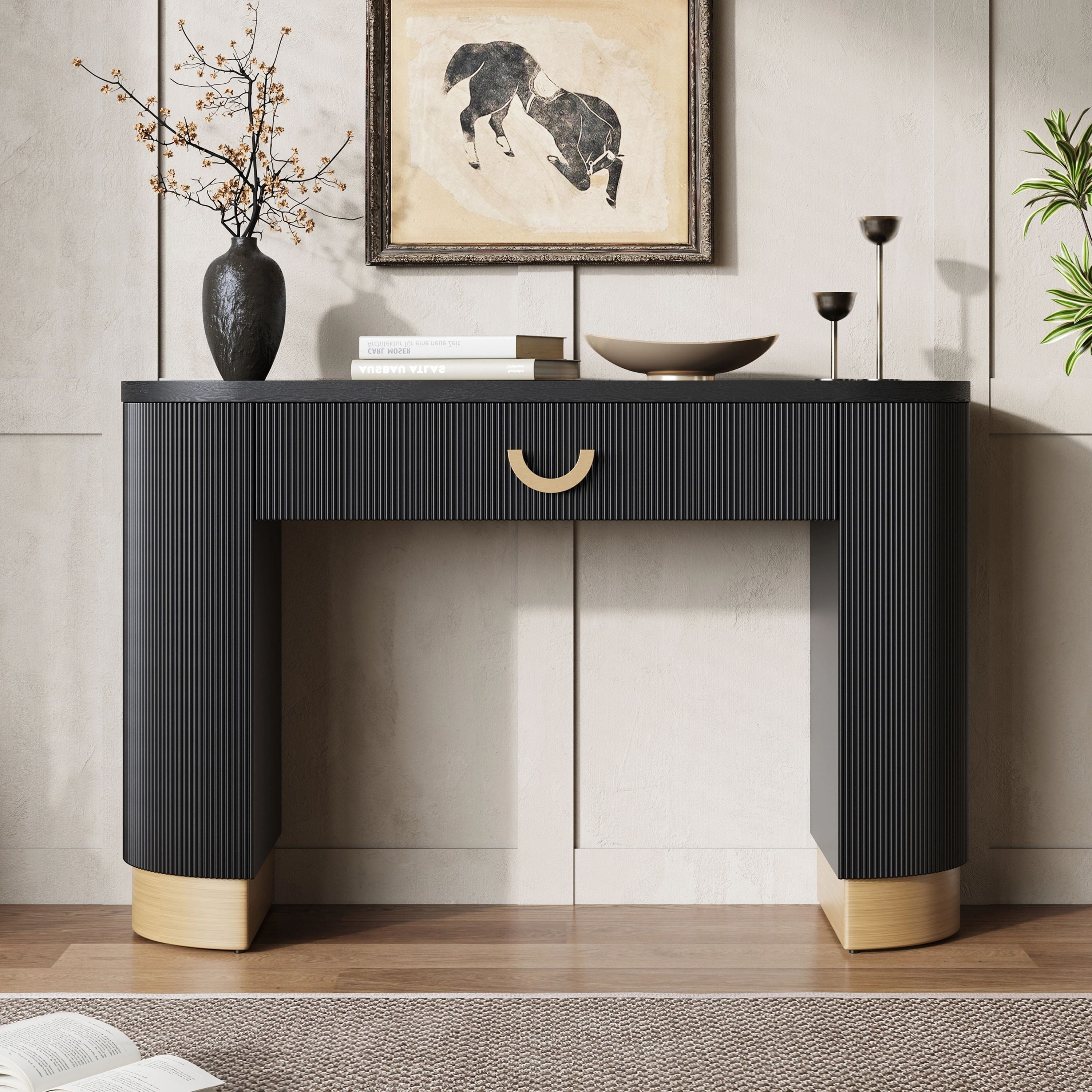 EUROCO Modern Console Table with Storage Drawer & Vertical Ribbed Design,Wood Sofa Table Entryway Table for Living Room,Black