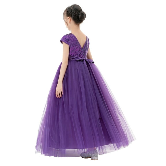 Ekidsbridal Sequins V-Back Cap Sleeve Flower Girl Dress for Photoshoots Junior Bridesmaid Ceremonial Gown 323 4