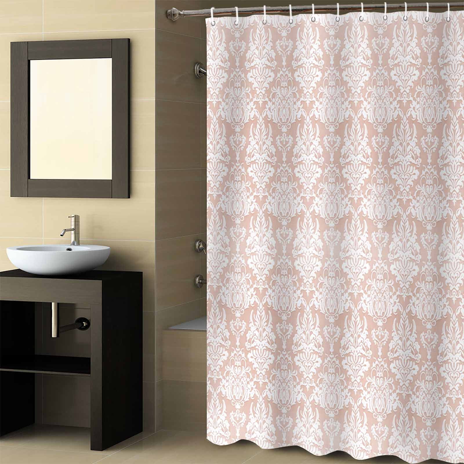Fabric Shower Curtain, Vintage Floral Peach Floral Pattern Middle Eastern Style Shower Curtains with 12 Hooks Waterproof Machine Washable Bath Curtains for Bathroom, 54 x 78in