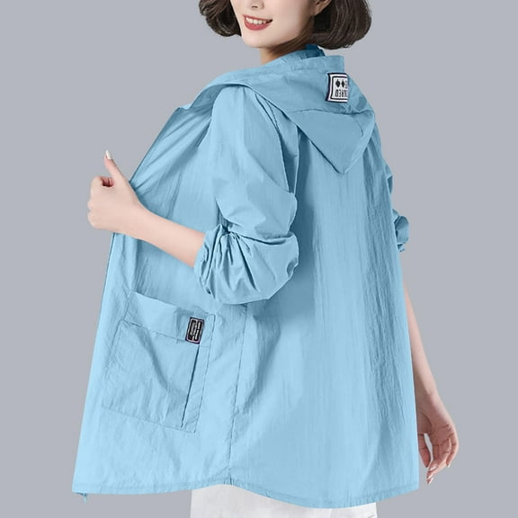 QUNYINEY Hooded Light Weight Jackets Womens Zip Up Solid Casual Coats Sun Protection Loose with Pockets Jacket
