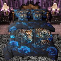Feelyou 3D Leopard Cheetah Bedding Comforter Set 7pcs for Couple, Mystic Blue Rose King Bedding Sets, Romantic Couple Animal Reversible Bed Sheets, Ultra Soft Bedroom Decor