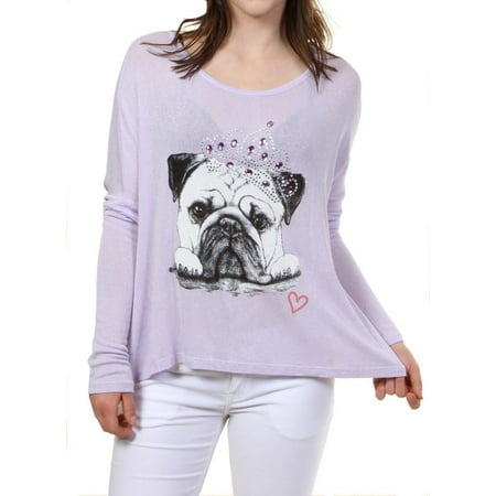 - Fashion House LA Women’s Pug Dog Princess Tiara Rhinestone Embellished Graphic Print Long Sleeve Pullover Sweater Sweatshirt Top Lavender Small