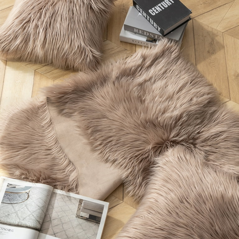 Phantoscope Designer's Choice Faux Fur Decorative Throw Pillow + Area Rug  Bundle, 18 x 18/ 2' x 6', Pink, 2 Pillows + 1 Rug