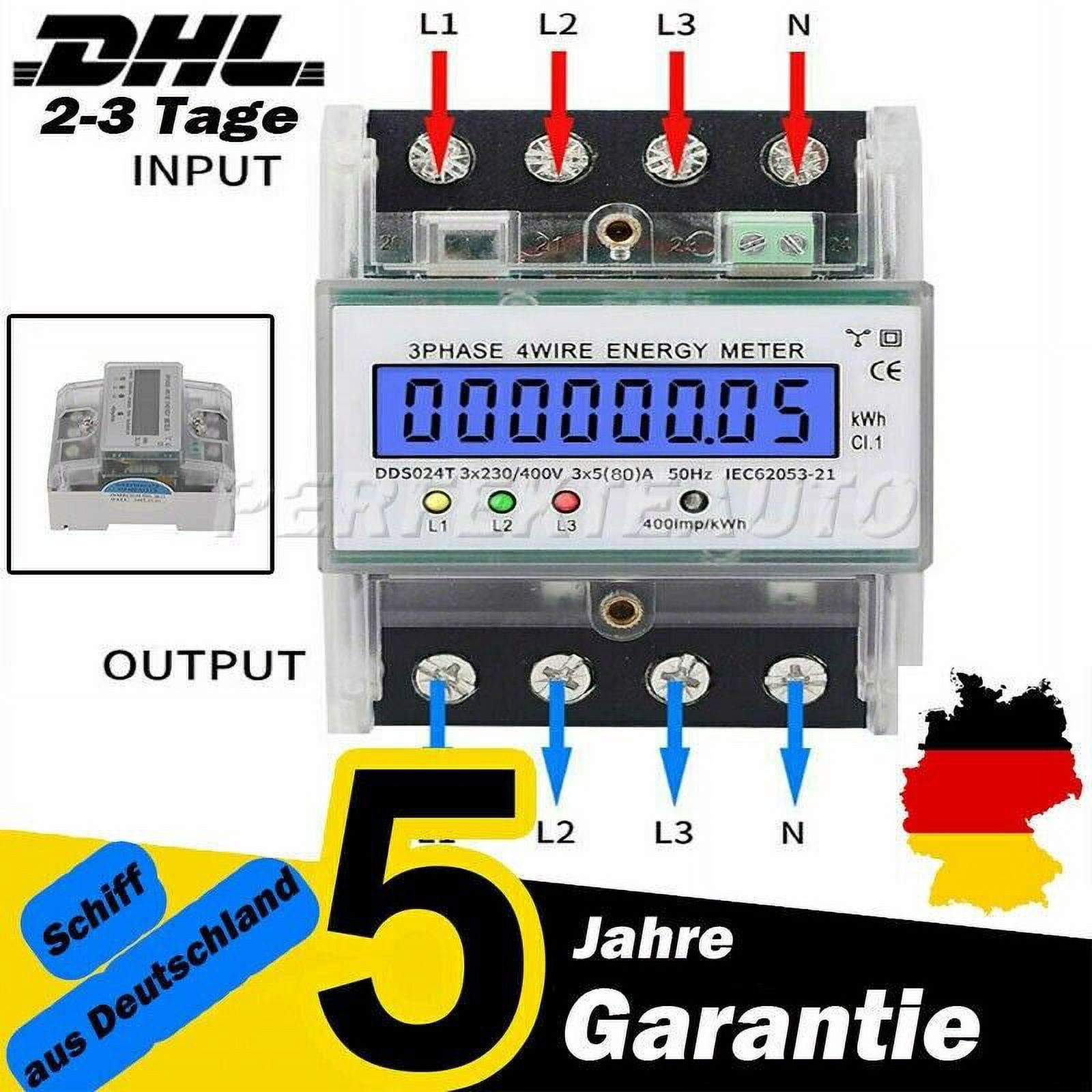 SINOTIMER Drehstromzähler – Geeicht, Für DIN-Hutschiene, 3x5(80)A, 230V, 1/3 Phasen