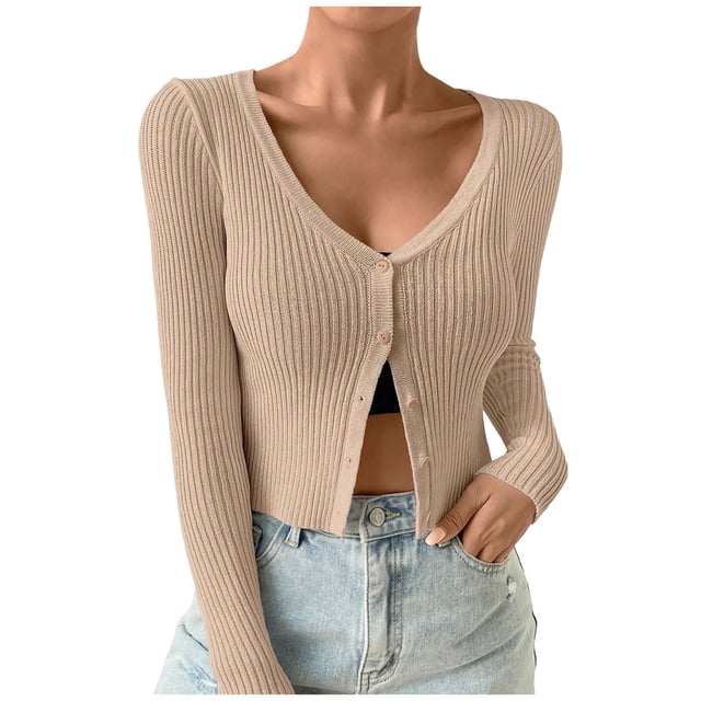 OJinShaWanO Sweater Romper Womens Women's Ribbed Knit Button Down V Neck Lightweight Cropped Cardigan Coat Tops